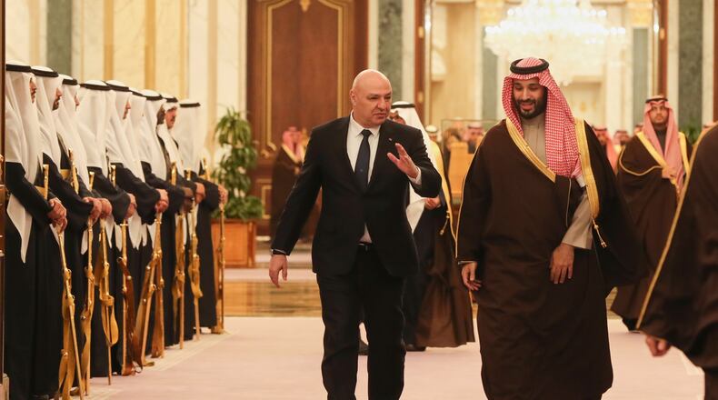 FILE - In this photo released by the Lebanese Presidency press office, Saudi's Crown Prince Mohammed bin Salman accompanies Lebanese President Joseph Aoun, left, upon his arrival to the Royal Palace in Riyadh, Saudi Arabia, March 3, 2025. (Lebanese Presidency press office via AP, File)