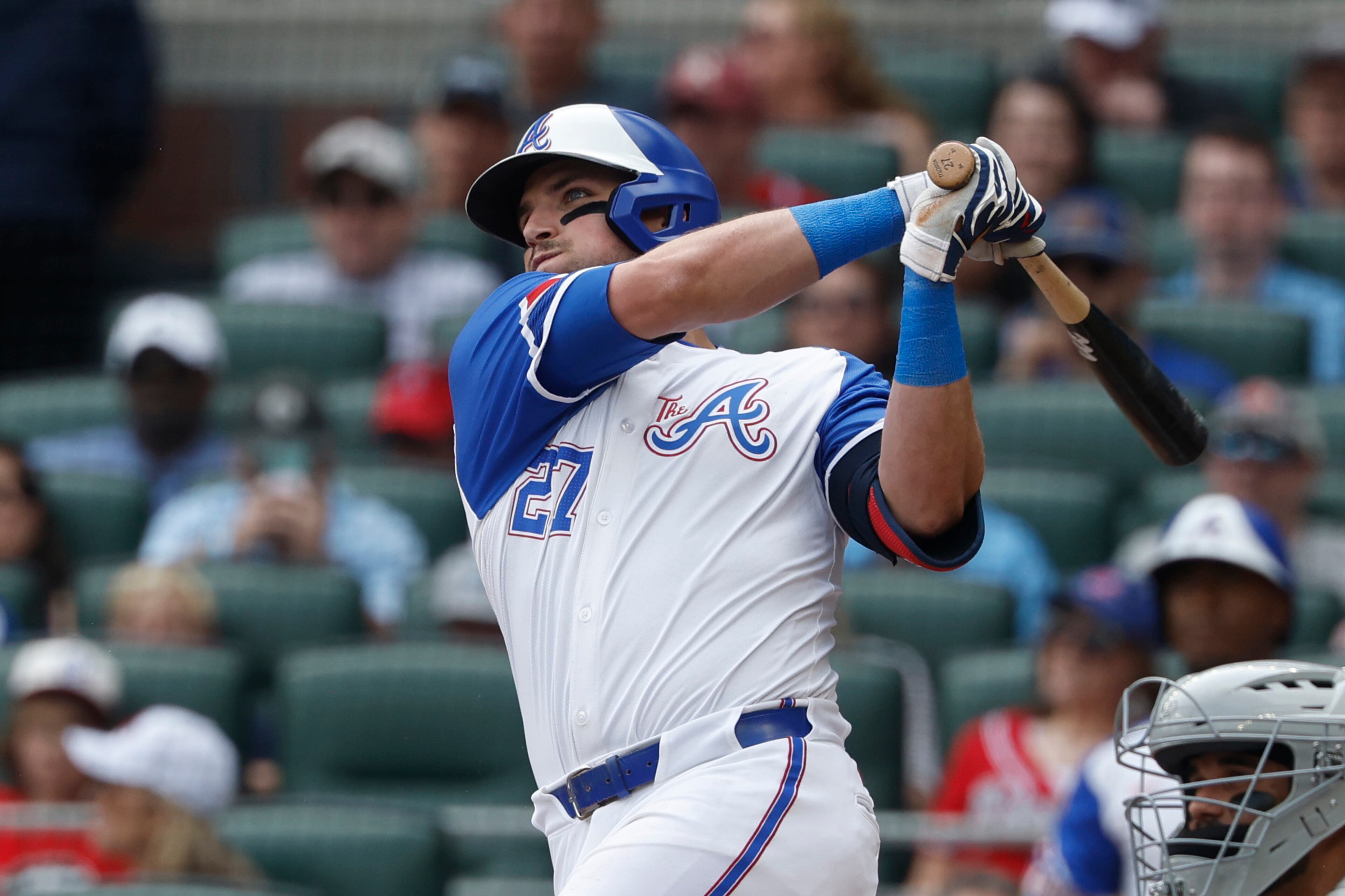 Atlanta Braves' Austin Riley hits a home run during the fourth inning of a baseball game against the Boston Red Sox, Saturday, May 31, 2025, in Atlanta. (AP Photo/Butch Dill)