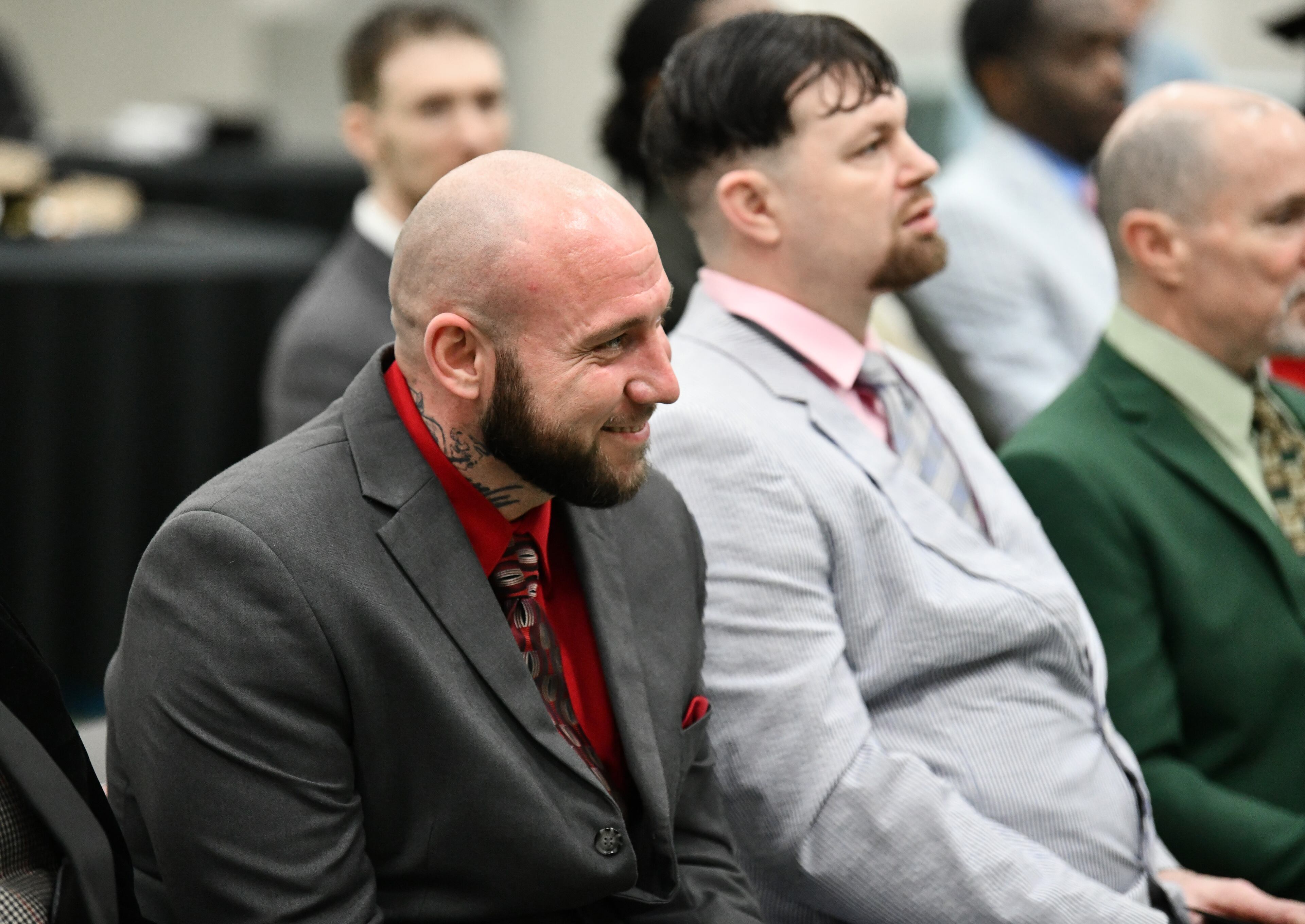 Kevin Moon reacts as Athens-Clarke County Sheriff John Q. Williams (not pictured) speaks during the graduation ceremony for the Re-Entry Success Program at the Athens-Clarke County Jail on Wednesday, June 18, 2025, in Athens. (Hyosub Shin/AJC)