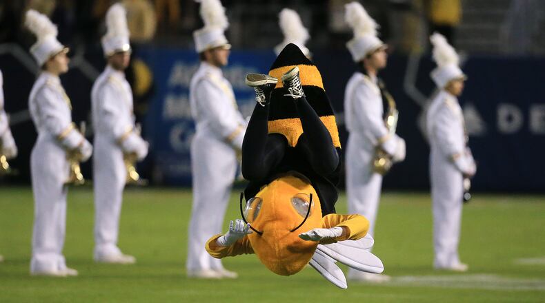 It all seems upside-down these days for Georgia Tech’s mascot Buzz and the rest of the Yellow Jackets as they approach the season-ending game with Georgia. (Staff photo/Curtis Compton / ccompton@ajc.com)