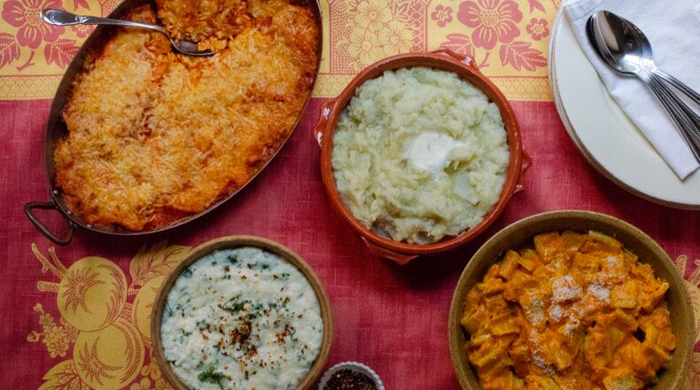 You can have comfort food that’s good and good for you with this quartet of recipes: (clockwise from upper left) Butternut Squash Lasagna, Mixed Mash Colcannon, Pumpkin Mac and Cheese and Stovetop Grits and Greens. (Styling by Lori Horne / Virginia Willis for the AJC)
