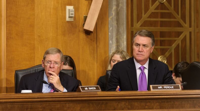 Georgia U.S. Sens. Johnny Isakson, left, and David Perdue at a Senate Foreign Relations Committee hearing in 2015. Senate Photography Office.