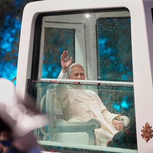 Pope Leo XIV waves as he arrives for a welcoming ceremony at the presidential palace in Baabda, east of Beirut, Lebanon, Sunday, Nov. 30, 2025.(AP Photo/Hassan Ammar)