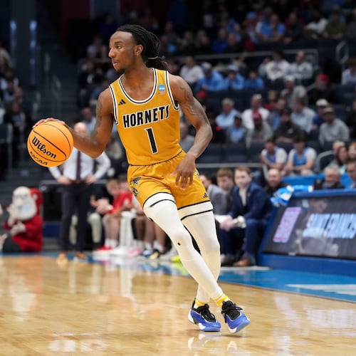 FILE - Alabama State guard Amarr Knox (1) dribbles during a First Four college basketball game against Saint Francis in the NCAA Tournament, Tuesday, March 18, 2025, in Dayton, Ohio. (AP Photo/Jeff Dean, File)