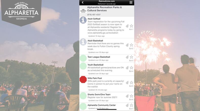 Alpharetta residents can download the free Rainout Line app to receive notifications related to weather, schedule or activity changes. (Courtesy City of Alpharetta)
