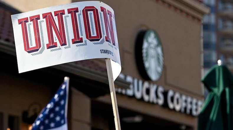 Since employees at a Buffalo Starbucks voted to unionize, about 60 other stores have done the same. So far, just one Starbucks in Georgia has voted for a union, but several other elections are coming up. (Jill Toyoshiba/Kansas City Star/TNS)