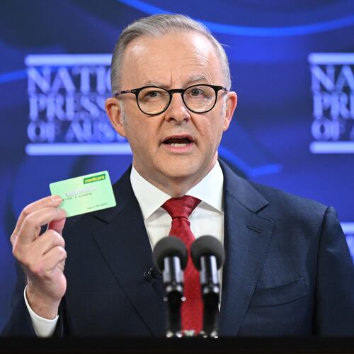 Australian Prime Minister Anthony Albanese addresses the National Press Club in Canberra, Australia, on, April 30, 2025. (Lukas Coch/AAP Image via AP)