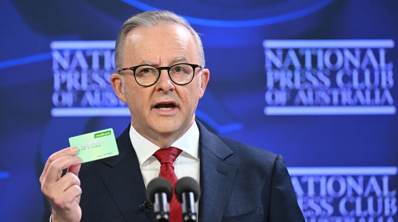 Australian Prime Minister Anthony Albanese addresses the National Press Club in Canberra, Australia, on, April 30, 2025. (Lukas Coch/AAP Image via AP)