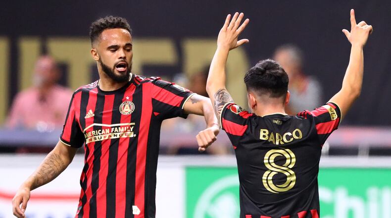 Atlanta United midfielder Ezequiel Barco celebrates his goal with Anton Walkes against Cincinnati Saturday, March 8, 2020, at Mercedes-Benz Stadium in Atlanta. Barco paid tribute to injured striker Josef Martinez, holding up seven fingers to signify Martinez's No. 7 jersey.