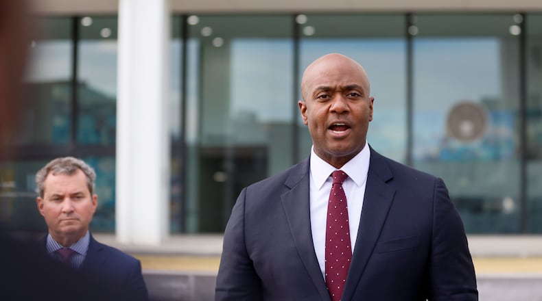 U.S. Attorney Ryan K. Buchanan, along with Federal prosecutors, announced in a press conference the legal proceedings of twenty-three gang members and associates indicted on racketing, drug trafficking, and firearm charges on Monday, Nov. 13, 2023.
Miguel Martinez /miguel.martinezjimenez@ajc.com