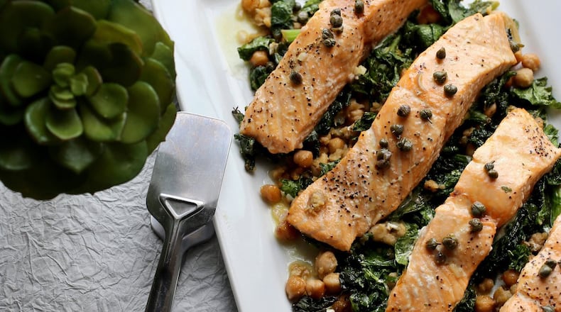 Slow Baked Salmon with Mustard Greens. (Jessica J. Trevino/Detroit Free Press/TNS)