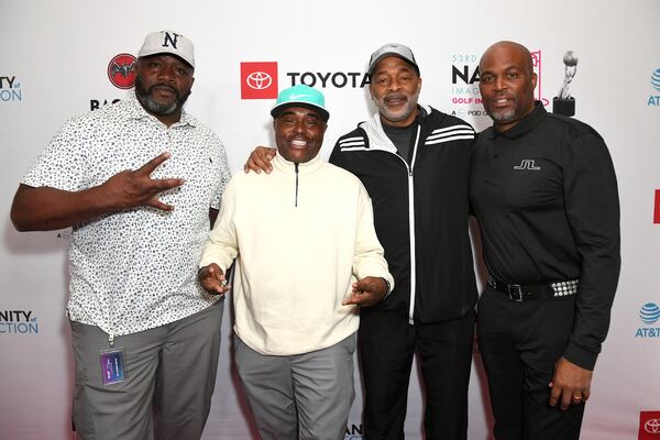 From left, Eugene "Big U" Henley, Alex Thomas, Norman Nixon and Chris Spencer attend the 53rd NAACP Image Awards Celebrity Golf Invitational on Feb. 22, 2022, in Los Angeles. (JC Olivera/Getty Images/TNS)