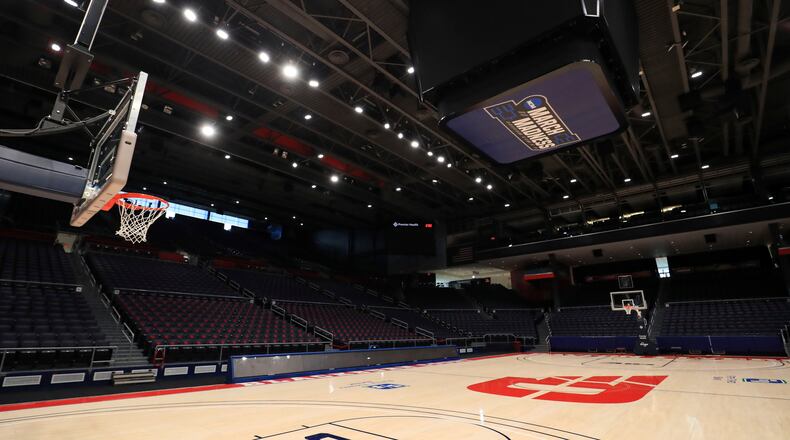 A view of the March Madness logo inside the Dayton Arena, Friday, March 13, 2020, in Dayton, Ohio