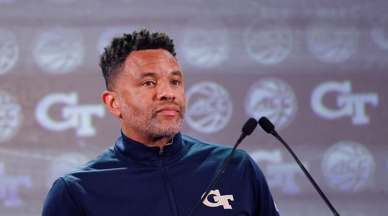 Georgia Tech head coach Damon Stoudamire answers a question at the 2023 ACC Kickoff in Charlotte, N.C., Wednesday, Oct. 25, 2023. (Photo by Nell Redmond/ACC)