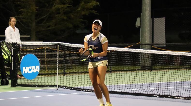 Georgia Tech freshman Victoria Flores celebrates winning the clinching match in the Yellow Jackets' 4-3 NCAA round of 16 win over Pepperdine May 17, 2018 in Winston-Salem, N.C. (Andy Mead/Georgia Tech Athletics)