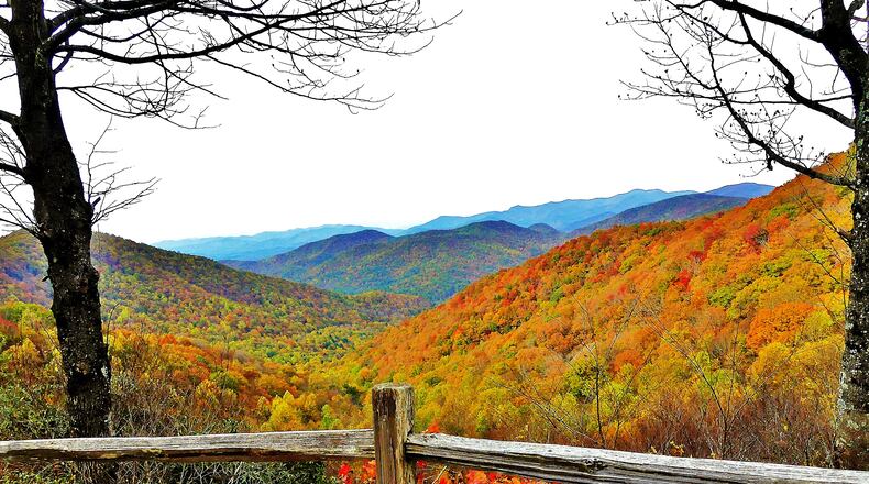 Fall leaf color as seen from Hogpen Gap along the Richard Russell Scenic Highway in North Georgia. (Charles Seabrook for The Atlanta Journal-Constitution)