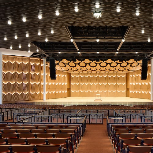 This image released by Ravinia shows the interior of the renovated Hunter Pavilion in Highland Park, Ill., on July 1, 2026. (Dave Burk/Ravinia via AP)
