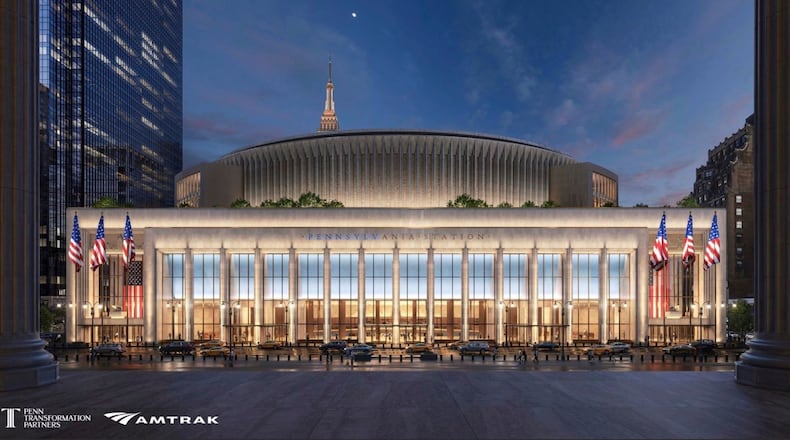 This artistic rendering provided by Heller Inc. shows a dramatically redesigned Pennsylvania Station in New York City. (Heller Inc. via AP)