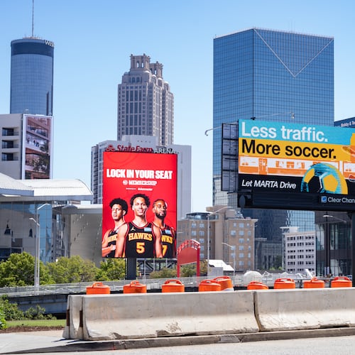 A MARTA billboard about World Cup traffic stands outside the Mercedes-Benz Stadium on Thursday, May 14, 2026. (Ben Hendren for the AJC)