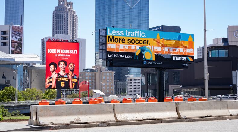 A MARTA billboard about World Cup traffic stands outside the Mercedes-Benz Stadium on Thursday, May 14, 2026. (Ben Hendren for the AJC)