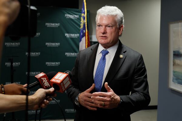U.S. Rep. Mike Collins addresses the media following a tour of the Piedmont University Nursing Facility with Medicare and Medicaid Services Administrator Dr. Mehmet Oz on Sunday, Sept. 13, 2026, in Athens. (Miguel Martinez/AJC)