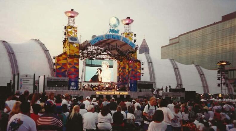 Crowds gather near a stage at the 1996 Olympic Village in Atlanta. Felicia Schlafer remembers the city as "electric," a visit that ultimately inspired her to move to metro Atlanta. (Courtesy of Felicia Schlafer)