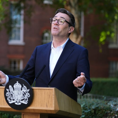 Britain's Prime Minister Andy Burnham gives a speech during a reception at 10 Downing Street, London, Monday Sept. 21, 2026, to recognise the contribution of organisations and volunteers who supported communities across the UK this summer, through the recent heatwaves, wildfires and other emergencies. (Jonathan Brady/Pool Photo via AP)