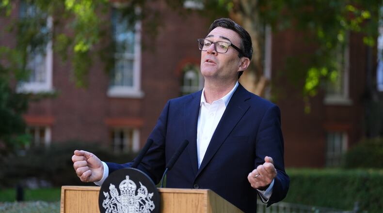 Britain's Prime Minister Andy Burnham gives a speech during a reception at 10 Downing Street, London, Monday Sept. 21, 2026, to recognise the contribution of organisations and volunteers who supported communities across the UK this summer, through the recent heatwaves, wildfires and other emergencies. (Jonathan Brady/Pool Photo via AP)