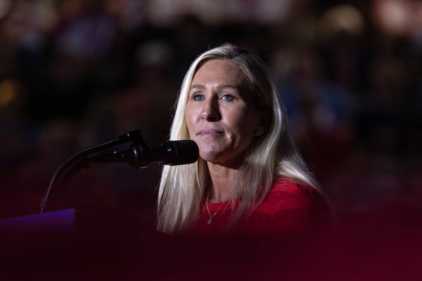 U.S. Rep. Marjorie Taylor Greene, R-Rome, seen here at a Donald Trump rally at McCamish Pavilion at Georgia Tech in Atlanta on Monday, Oct. 28, 2024, has warned that intervention in the Israel-Iran conflict could split the MAGA coalition. (Arvin Temkar/AJC)