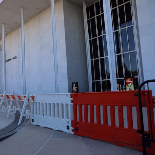 Barricades are installed in front of the John F. Kennedy Center for the Performing Arts, Wednesday, Sept. 16, 2026, in Washington. (AP Photo/Rahmat Gul)