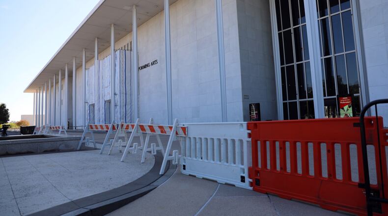 Barricades are installed in front of the John F. Kennedy Center for the Performing Arts, Wednesday, Sept. 16, 2026, in Washington. (AP Photo/Rahmat Gul)