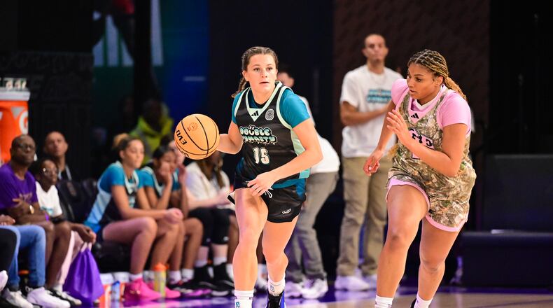 Kate Harping (No. 15) of the Double Dynasty team in action during an OT Select game Sunday, Aug. 4, 2024 at OTE Arena in Atlanta. (Photo by Adam Hagy/Overtime Elite)