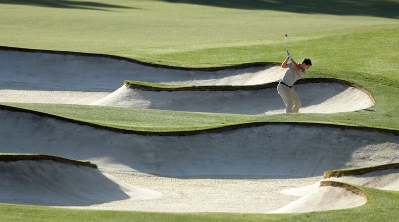 No, don't hit it there: Ollie Schniederjans plays his second shot from a rather yawning fairway bunker during last week's 2018 Wells Fargo Championship.  (Streeter Lecka/Getty Images)