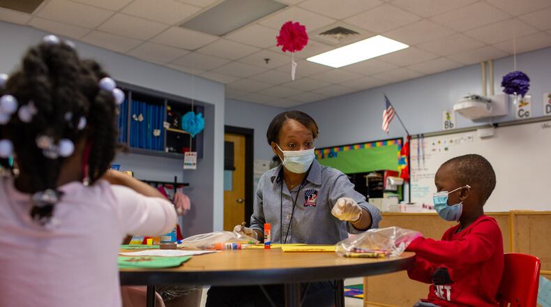 Micahiah Drake is a first-year teacher at Liberty Point Elementary School in Union City and has had to adjust her teaching style because of the coronavirus pandemic. (Rebecca Wright for The Atlanta Journal-Constitution)