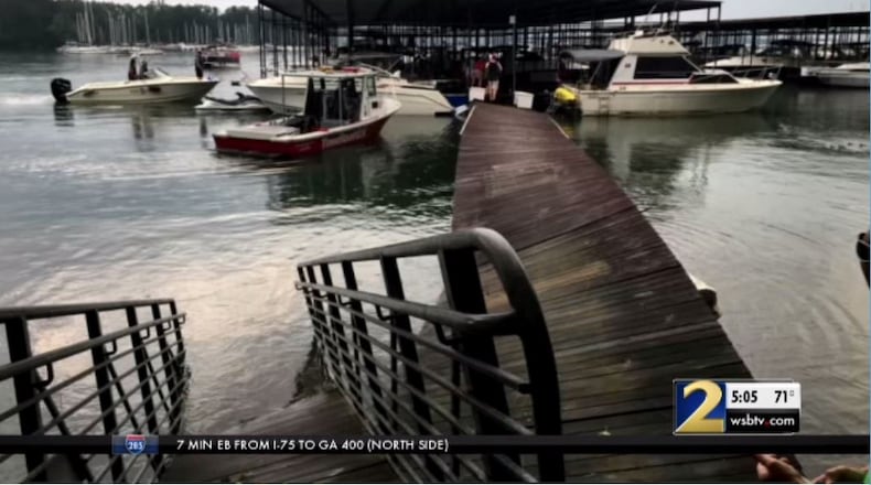 A severe storm detached two docks at a Hall County marina, stranding more than 30 people, according to the Hall County Sheriff’s Office.