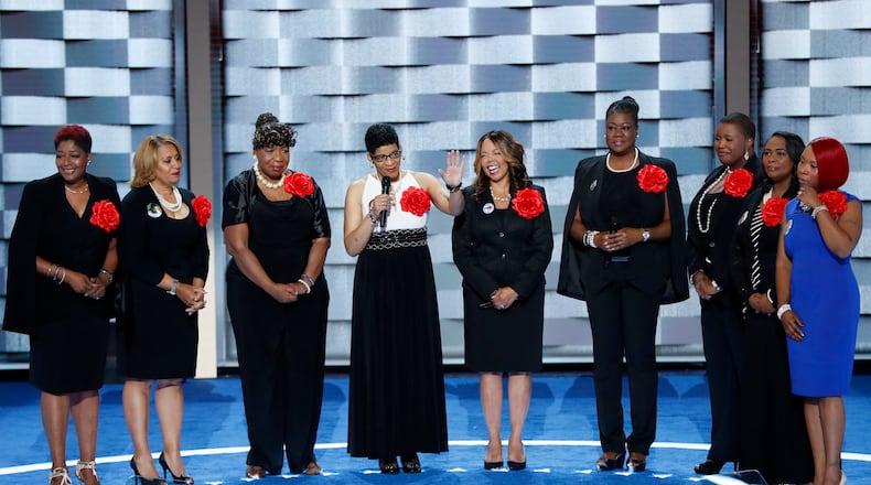 Sybrina Fulton, Geneva Reed-Veal, Lucy McBath, Gwen Carr, Cleopatra Pendleton, Maria Hamilton, Lezley McSpadden and Wanda Johnson from Mothers of the Movement speak during the second day of the Democratic National Convention in Philadelphia , Tuesday, July 26, 2016. (AP Photo/J. Scott Applewhite)