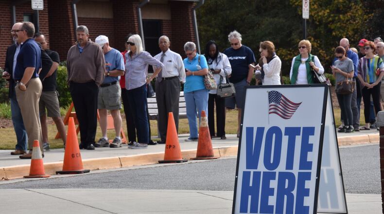 October 26, 2016 Suwanee - Early voters wait outside George Pierce Park Community Recreation Center in Suwanee on Wednesday, October 26, 2016. Current wait time was 2 hours. Georgia, which is nearing 1 million ballots cast during the stateââ¬â¢s early voting period, will open its polls this Saturday for a mandatory weekend voting day ahead of the Nov. 8 presidential election. In the last presidential election, nearly 2 million people in Georgia cast early ballots ahead of Election Day â⬔ almost half of all ballots cast in that election. HYOSUB SHIN / HSHIN@AJC.COM