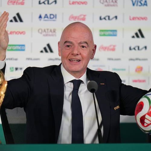 FIFA President Gianni Infantino speaks during a news conference at the stadium in Mexico City, Wednesday, June 10, 2026, a day before the opening FIFA World Cup match between Mexico and South Africa. (AP Photo/Eduardo Verdugo)