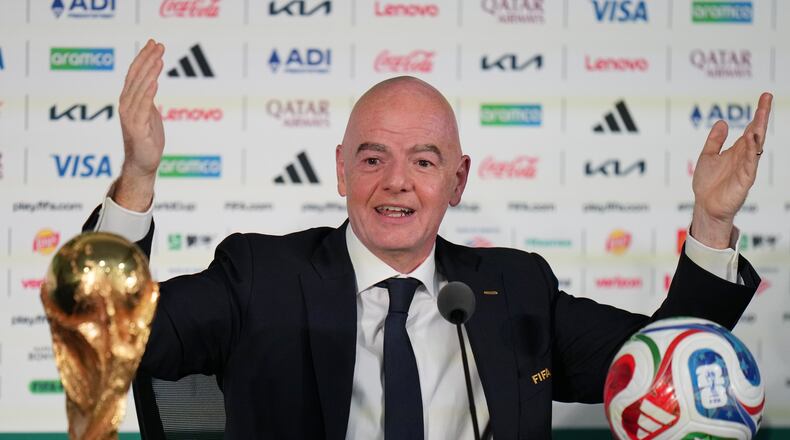 FIFA President Gianni Infantino speaks during a news conference at the stadium in Mexico City, Wednesday, June 10, 2026, a day before the opening FIFA World Cup match between Mexico and South Africa. (AP Photo/Eduardo Verdugo)