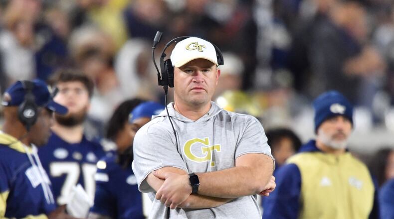 October 20, 2022 Atlanta - Georgia Tech's interim head coach Brent Key reacts during the second half of an NCAA college football game at Georgia Tech's Bobby Dodd Stadium in Atlanta on Thursday, October 20, 2022. Virginia won 16-9 over Georgia Tech. (Hyosub Shin / Hyosub.Shin@ajc.com)