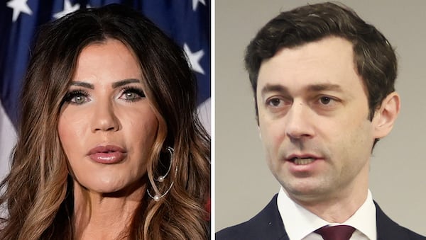 Homeland Security Secretary Kristi Noem (left) and U.S. Sen. Jon Ossoff, D-Ga. (AP, AJC)