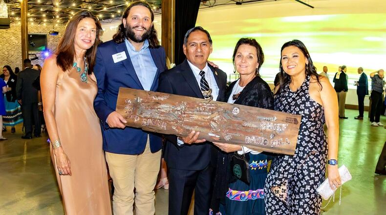 Executive director Rena Ann Peck presented the Okefenokee Protector award to the Muscogee (Creek) Nation in 2023, pictured with Seth Clark, Muscogee Chief David Hill, Rhonda Hill and Tracie Revis. The 2024 Okefenokee Protector Award will be presented to the US Fish & Wildlife Service manager of Okefenokee National Wildlife Refuge, Michael Lusk (Photo Courtesy of Erik Voss/Georgia Rivers Gala)
