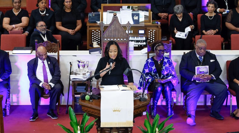 Fulton County District Attorney Fani Willis delivers remarks at Big Bethel AME Church during a special tribute honoring Rev. Martin Luther King Jr. on Sunday, Jan. 14, 2024.
Miguel Martinez /miguel.martinezjimenez@ajc.com