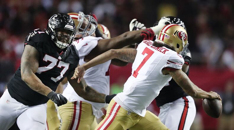 December 18, 2016, ATLANTA: Falcons defensive tackle Ra’Shede Hageman runs down 49ers quarterback Colin Kaepernick for a sack and 13 yard loss during the third quarter in an NFL football game on Sunday, Dec. 18, 2016, in Atlanta. Curtis Compton/ccompton@ajc.com