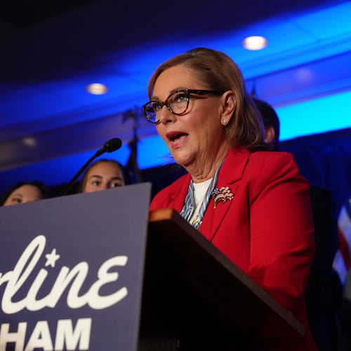 Sen. Darline Graham, R-S.C., gives a speech to supporters after winning a special Republican primary runoff to replace her brother, the late Sen. Lindsey Graham, R-S.C., in the November general election, Tuesday, Aug. 25, 2026, in Columbia, S.C. (AP Photo/Meg Kinnard)