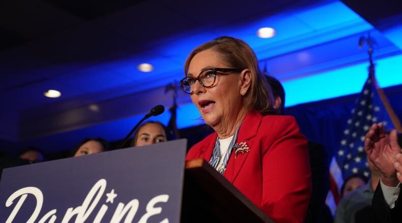 Sen. Darline Graham, R-S.C., gives a speech to supporters after winning a special Republican primary runoff to replace her brother, the late Sen. Lindsey Graham, R-S.C., in the November general election, Tuesday, Aug. 25, 2026, in Columbia, S.C. (AP Photo/Meg Kinnard)
