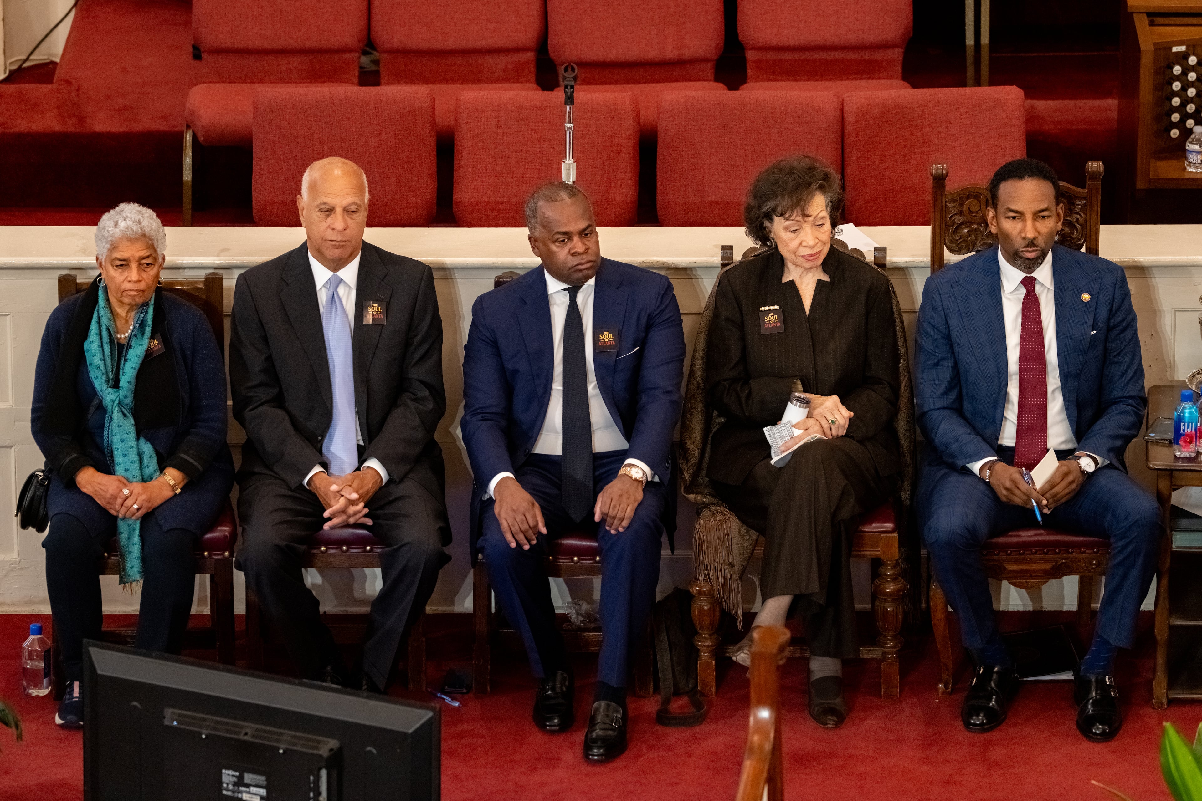 Former Atlanta Mayors Shirley Franklin (from left), Bill Campbell and Kasim Reed join Valerie Jackson and Mayor Andre Dickens inside Big Bethel AME Church for a rally by the newly-formed “Soul of Atlanta Coalition” on Thursday, Oct. 30, 2025. (Ben Hendren for the AJC)