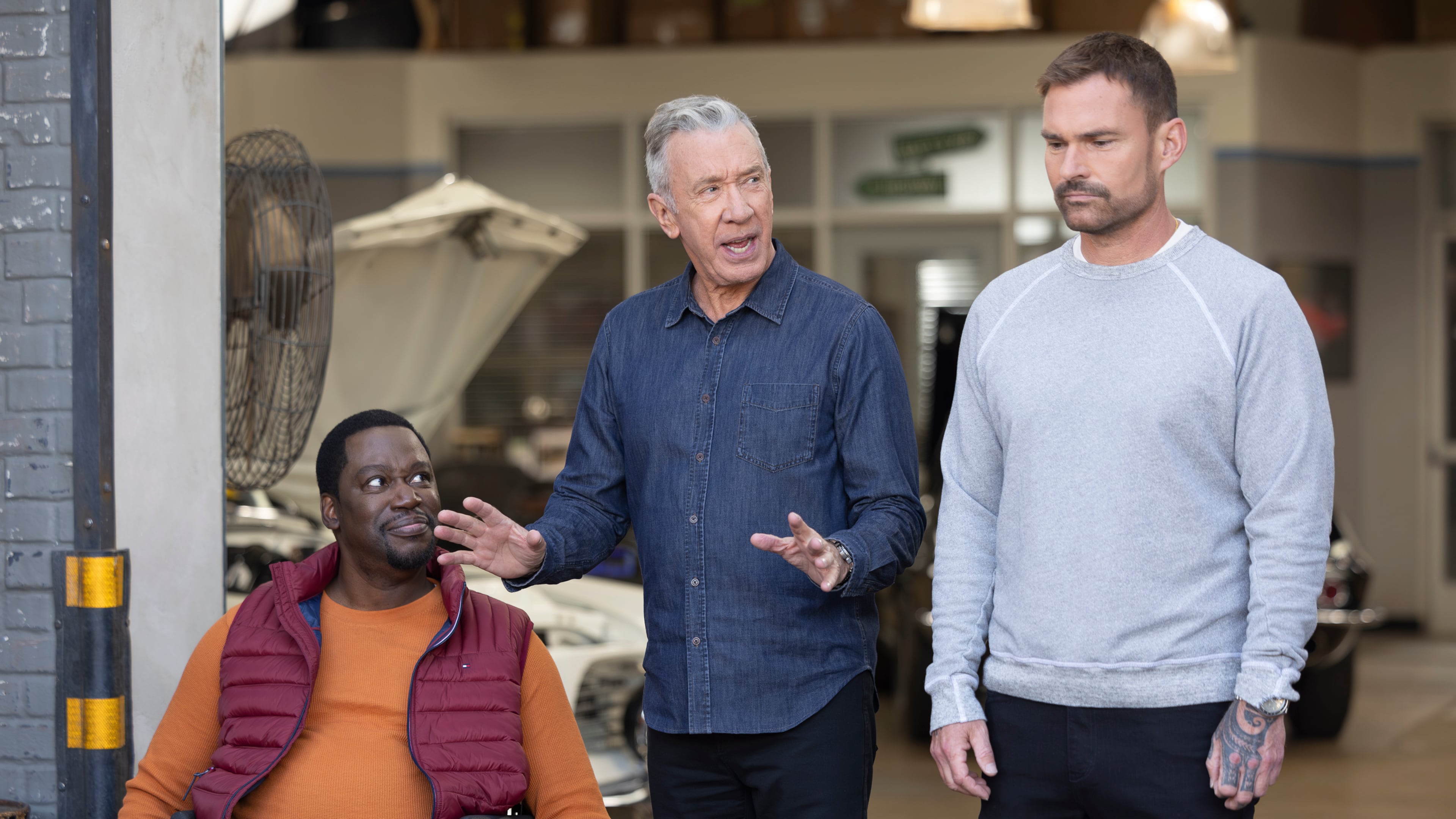 Daryl “Chill” Mitchell (from left), Tim Allen and Seann William Scott star in ABC’s “Shifting Gears,” now in its second season. (Disney/Raymond Liu)