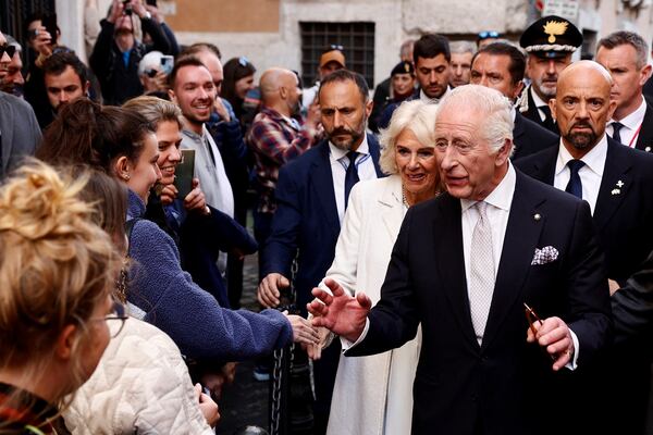 Britain's King Charles III and Queen Camilla in Rome, Wednesday, April 9, 2025. (Vincenzo Livieri, Pool Photo via AP)