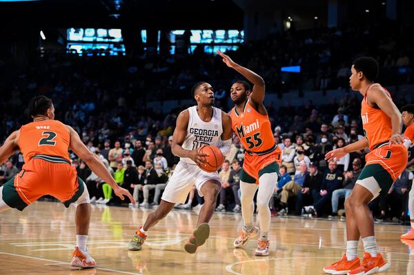 Georgia Tech forward Khalid Moore drives to the basket in the Yellow Jackets' loss to Miami Jan. 29, 2022 at McCamish Pavilion. (Anthony McClellan/Georgia Tech Athletics)